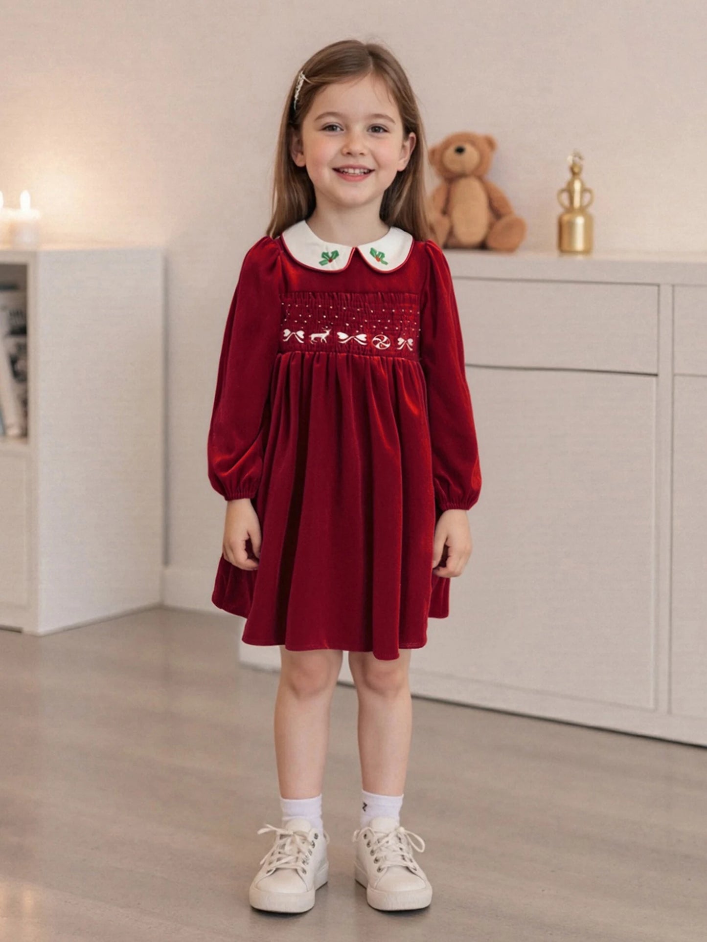 Little Girl's Velvet Christmas Dress - Deer Bow Holly Embroidered Smocked A-Line