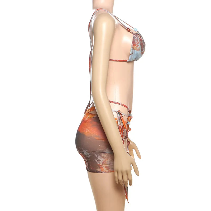 3 Piece Beachwear Bikini Set with Lace Up Skirt - Summer Co-ord Outfit