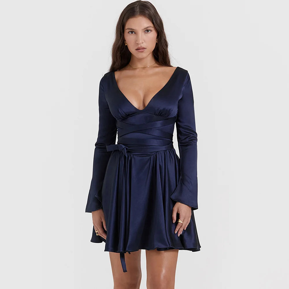 Women's Long Sleeve V Neck Belt Party Dress