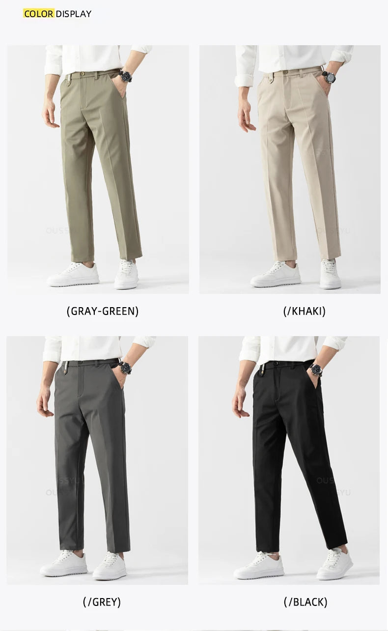 Men's Ankle-Length Straight Leg Trousers | Elastic Waist | Sash Detail | Midweight | All Season | Smart Casual
