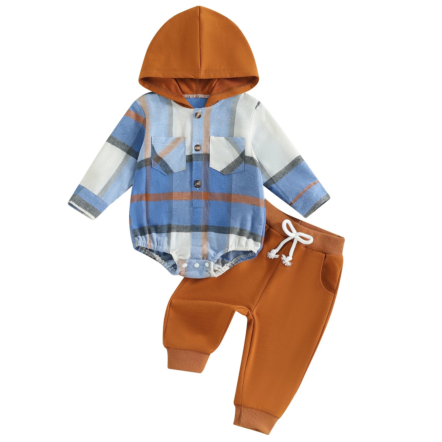 0-24M Baby Boys 2-Piece Clothing Set - Long Sleeve Plaid Hooded Romper with Pants