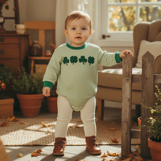 Baby Boys Girls Festival Romper - Shamrock Embroidery Plaid Long Sleeve Jumpsuit