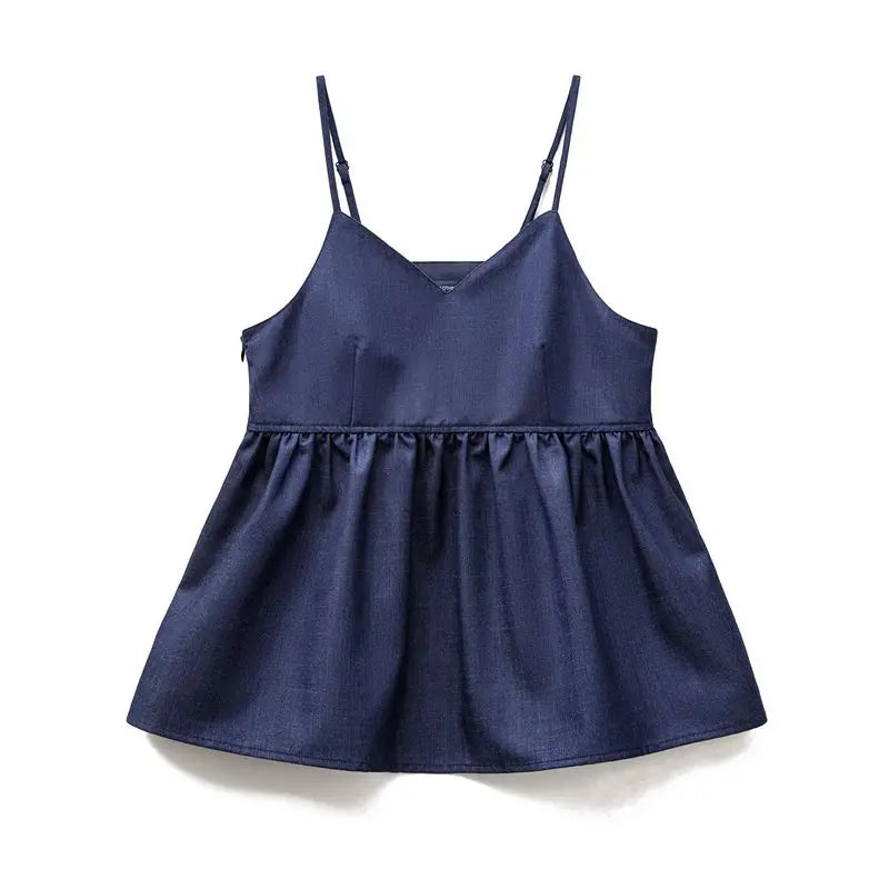 Women's Y2K Denim Vest Top - Blue V-Neck Sleeveless Tank with Ruched Details Summer Streetwear