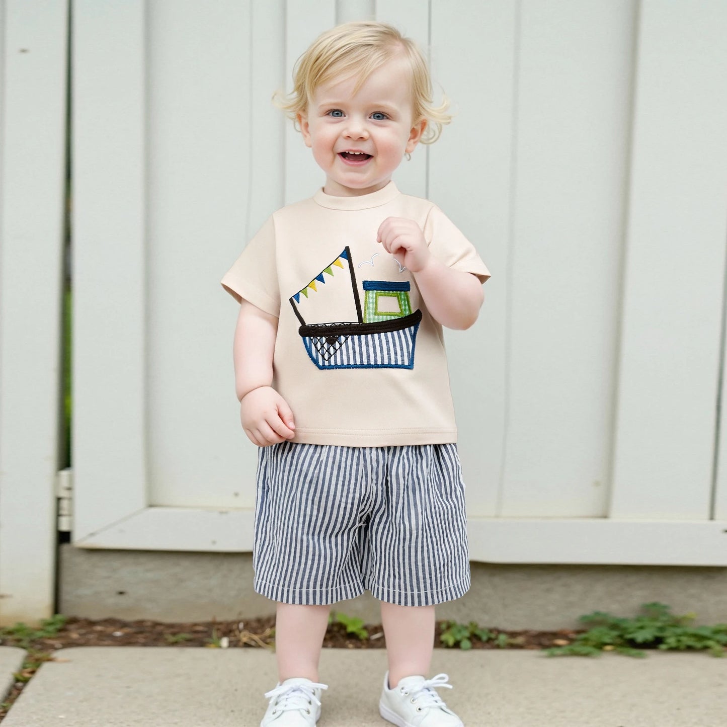 0-3Y  Casual Kids Boys Clothes Sets Boat Embroidery Short Sleeve T-shirt Striped Elastic Waist Shorts