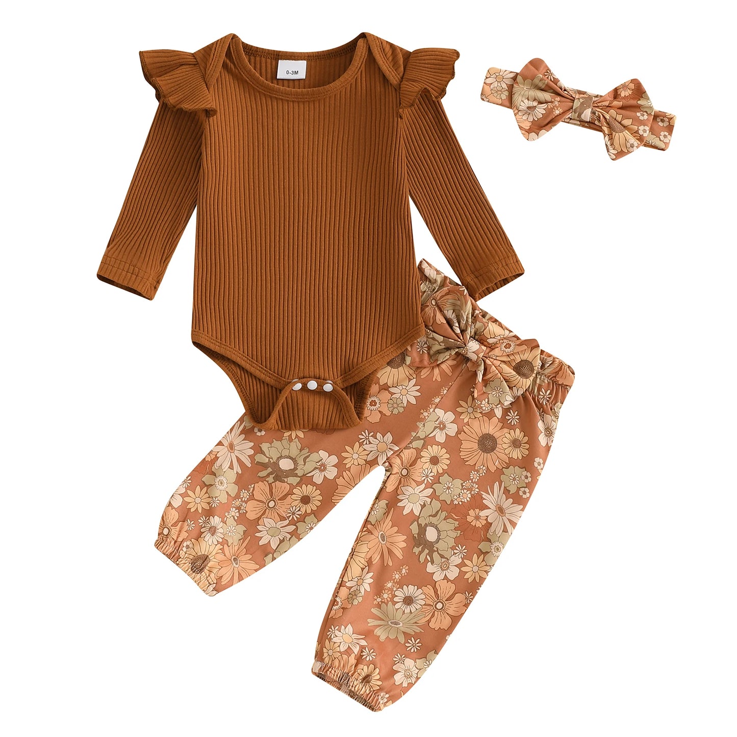 0-18M Baby Girls Fall Clothes Sets 3pcs Long Sleeve Ribbed Romper and Bow Front Pants and Headband