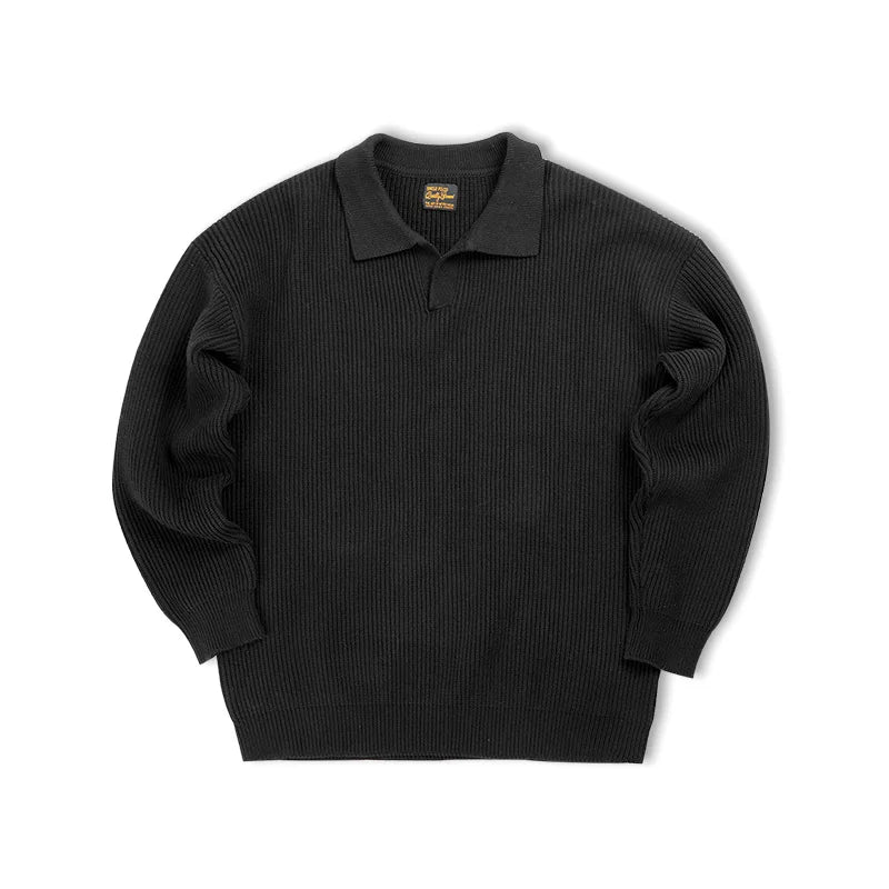 Men's Retro Polo Neck Knit Sweater - Vertical Woven Pullover