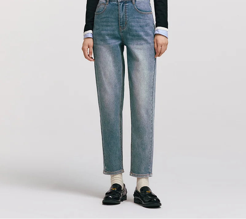 Women's Vintage Washed Tapered Jeans - Brushed Denim Loose Long Fit Winter Pants