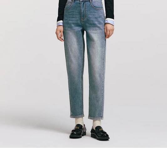 Women's Vintage Washed Tapered Jeans - Brushed Denim Loose Long Fit Winter Pants