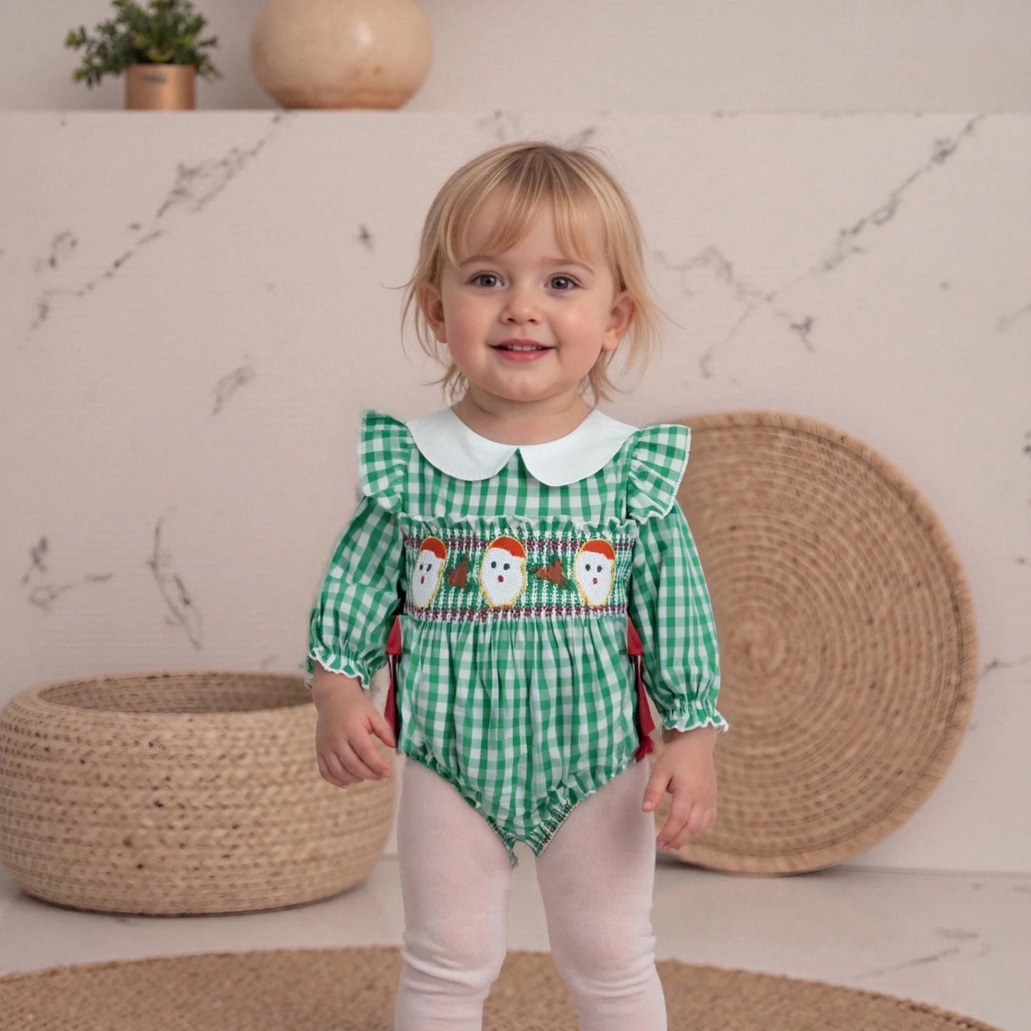 Baby Girls Christmas Romper - Plaid Santa Embroidery Long Sleeve Jumpsuit