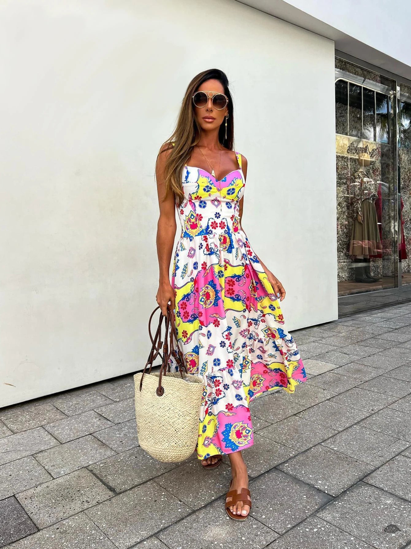 Women's Floral Printed  Elegant Sleeveless Long Lace Up Robe Summer Bodycon Dress