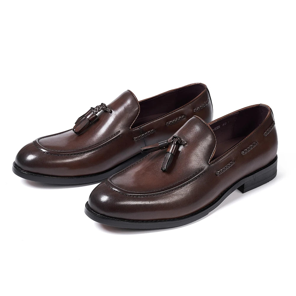 Classic Men's Tassel Loafers Genuine Leather Handmade Slip on Comfortable Office Wedding Shoes