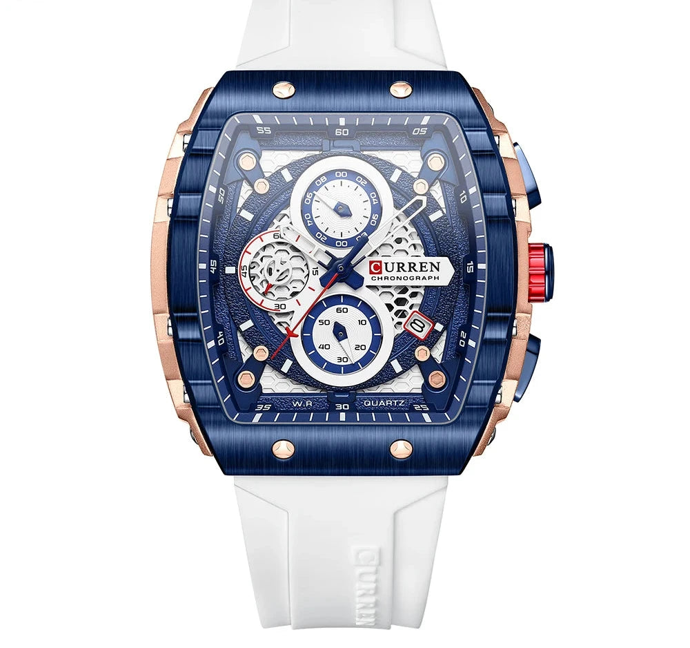 Tonneau Dial Sport Watch - Waterproof Quartz with Auto Date & Yellow Silicone Strap