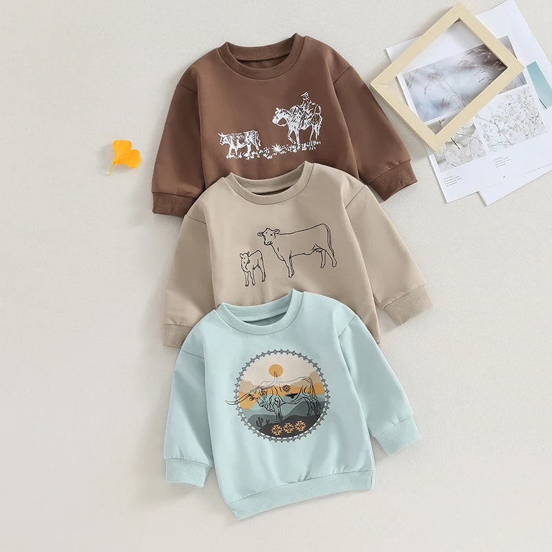 0-4Y Autumn Infant Baby Boys Girls Western T Shirts Cow Cattle Print Long Sleeve Pullover Sweatshirt Top