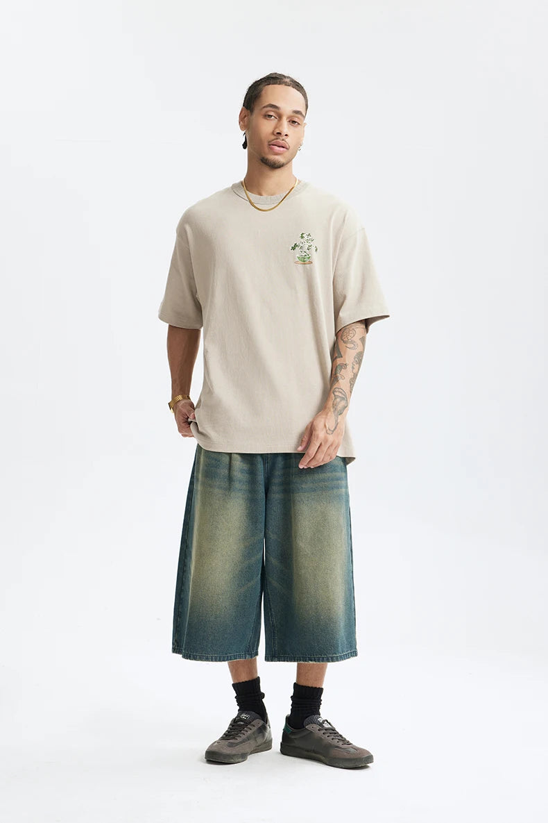 Men's 250G Green Plant Crack Print Retro Street Style Heavyweight Casual Short Sleeve T-Shirt