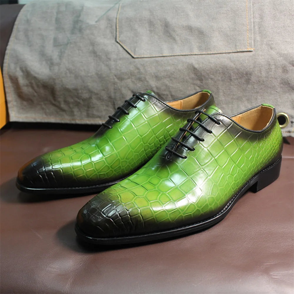 Men's Genuine Cow Leather Crocodile Print Business  Formal Wedding Shoes