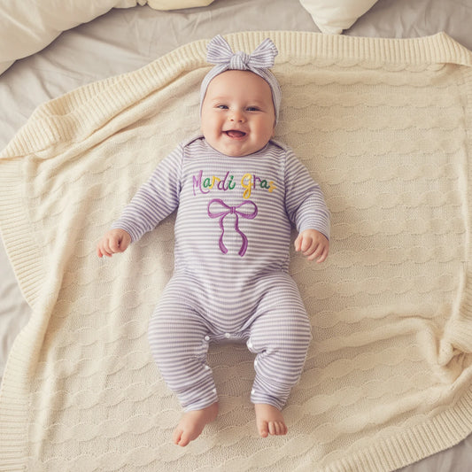 Newborn Baby Romper with Headband - Bow Letter Embroidery Stripe Long Sleeve Jumpsuit