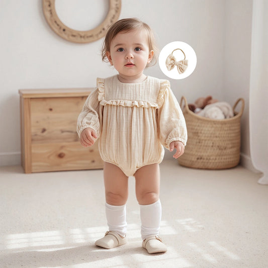 Baby Girls Fall Romper - Solid Color Long Sleeve Round Neck Ruffled Jumpsuit with Bow Headband