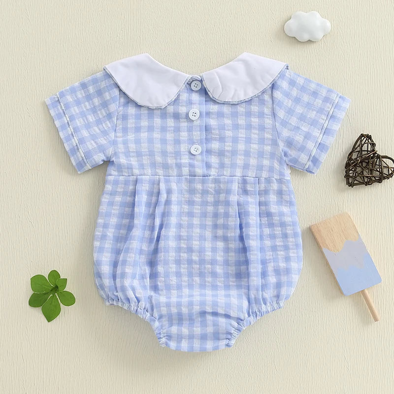 Lovely Baby Summer Romper - Plaid Print Western Embroidery Doll Collar Jumpsuit (0-18M)