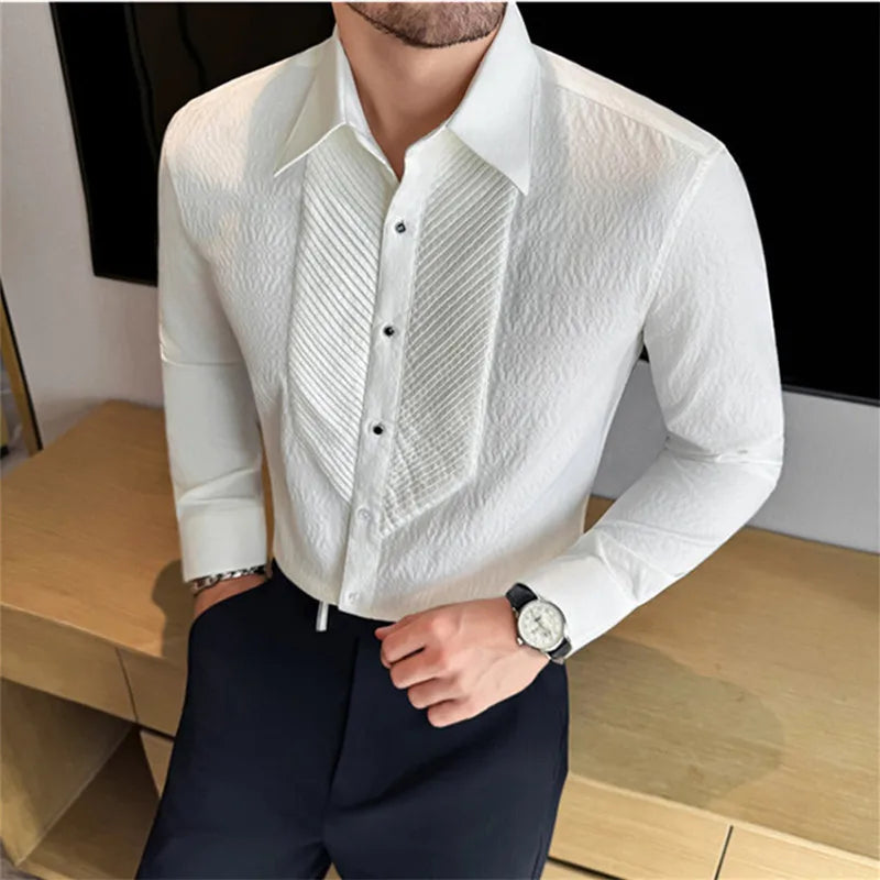 Men's Square Collar Dress Shirt Solid Color Long Sleeve Single Breasted