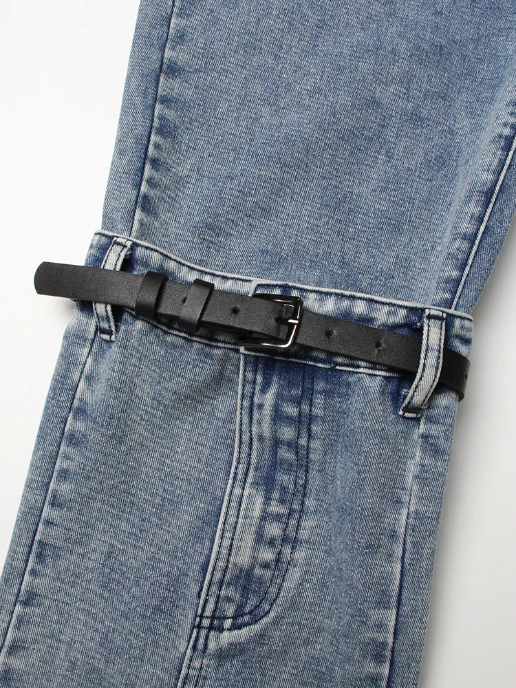 Women's Patchwork Belts Denim - High Waist Spliced Button Wide Leg Jeans