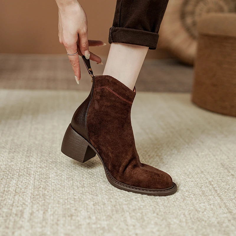 Women's Round Toe Chunky Heel Sheep Suede Leather Retro Ankle Boots