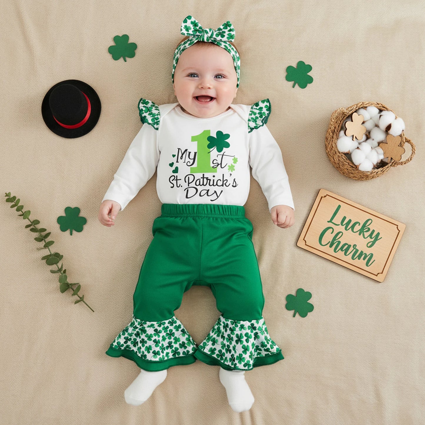Baby Girls Boys Clover Print Outfit Set - Long Sleeve Romper with Flare Pants & Headband 0-18M