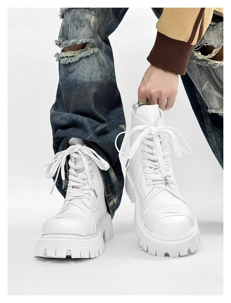 Men's Leather Platform Motorcycle Boots - Retro Street Ankle Sneakers