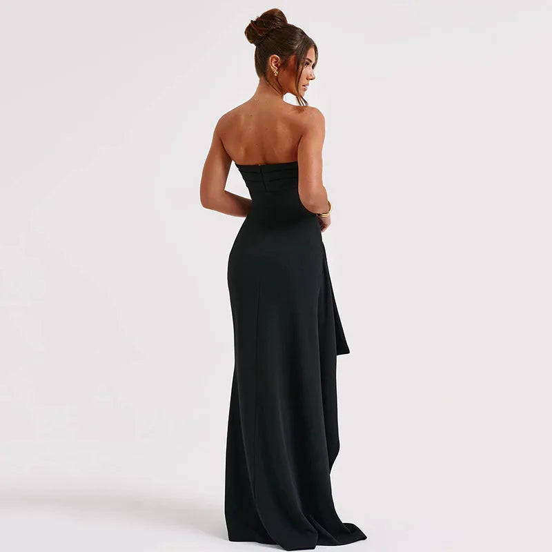 Off Shoulder Elegant High Rise Split Maxi Dress - Women Strapless Evening Dress Ruched Gown