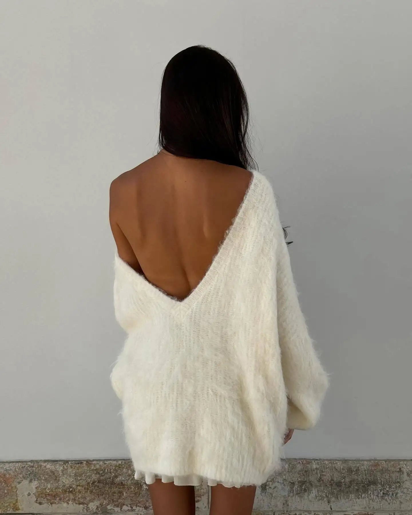 Women's Long Sleeve Backless Knitted Sweater Loose Sweater Pullover Dress