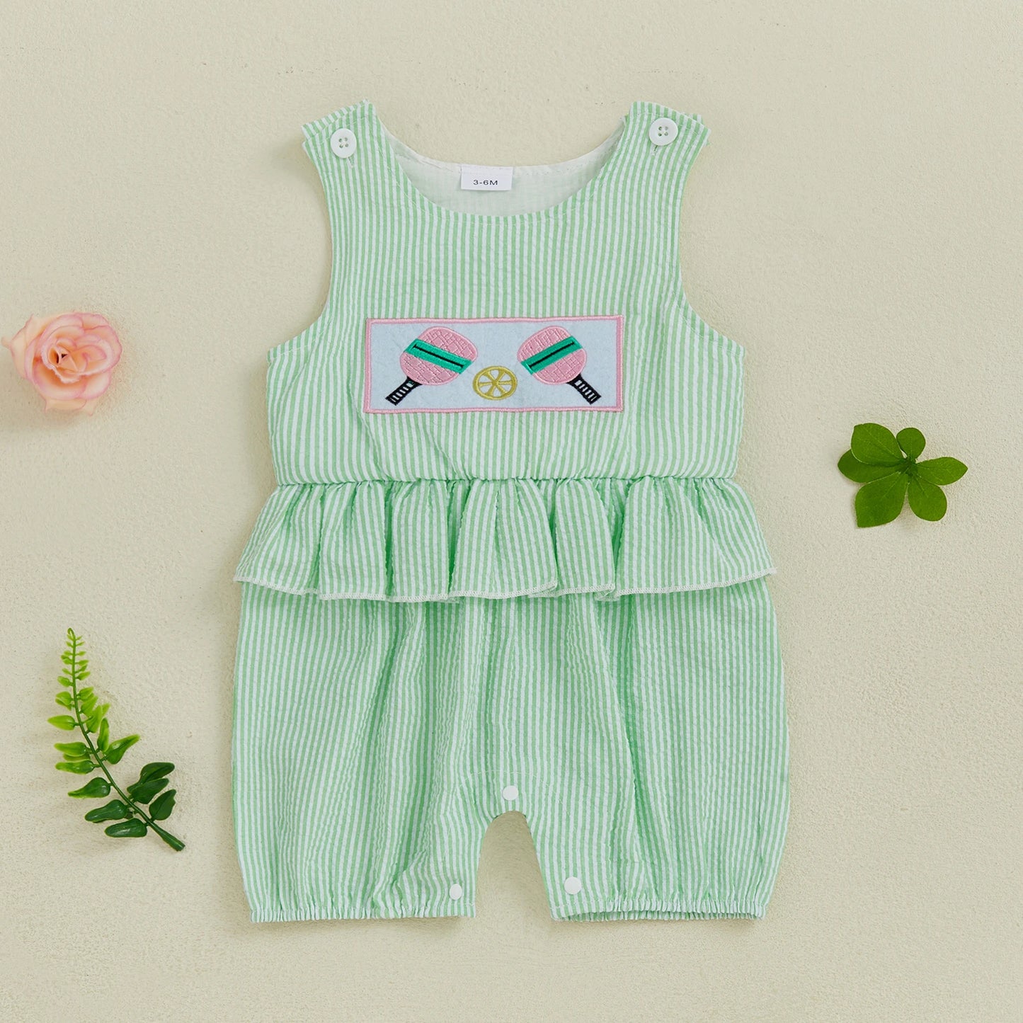 Striped Sleeveless Romper with Cartoon Embroidery - Baby & Toddler