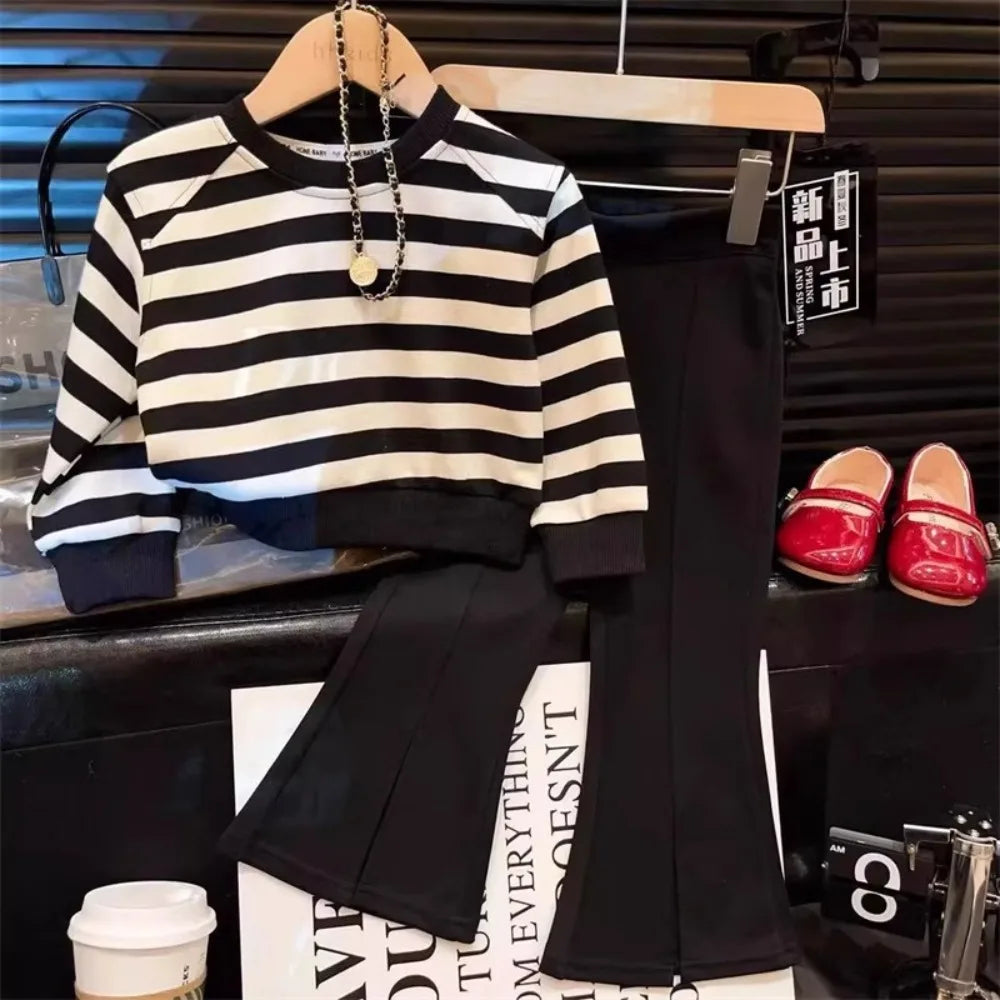 Girl's Black White Striped Casual Kids Clothes Long Sleeved Top and Flared Trousers Set