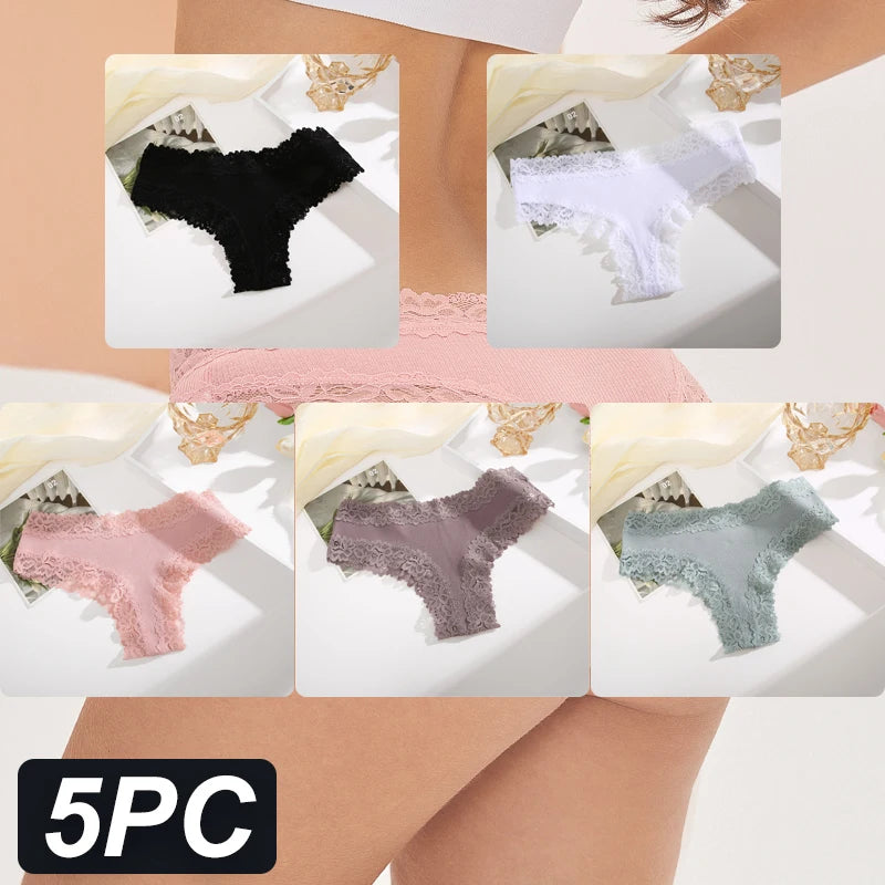 5PCS Women Cotton Lace Underwear Low Waist Briefs Breathable G-String Lingerie