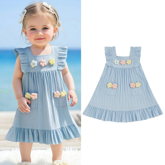 0-5Y  Kids Girls Dress Flower Embroidery Fly Sleeve Ruffles Hem Casual Summer A-Line Dress