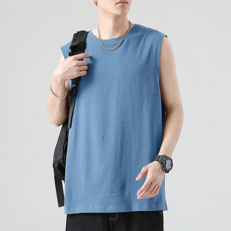 Men's Summer Cotton Sleeveless Loose Vest Sports Comfortable Breathable Round-Neck Tank Top