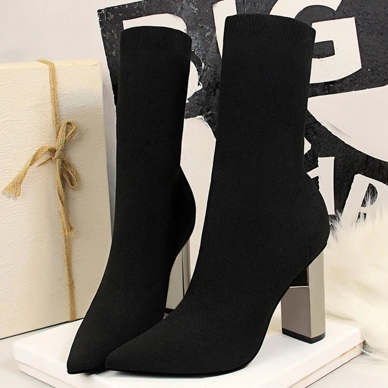 Women's Elastic Sock Boots - Metal Block Heel Ankle Boots Plus Size Available