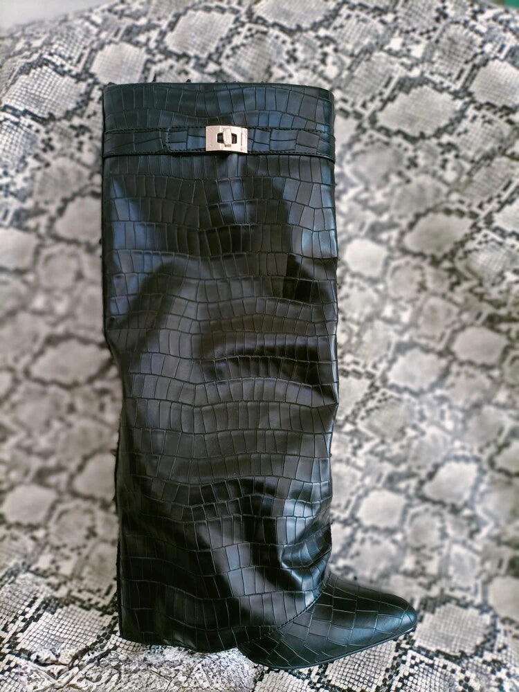 Women's Wedge Leather Mid-Calf Boots - 10cm Heel Metal Buckle Boots