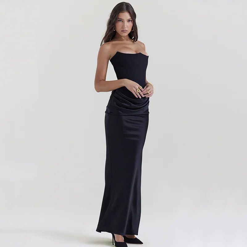 Strapless Corset Maxi Dress - Women Satin Summer Gown Dress