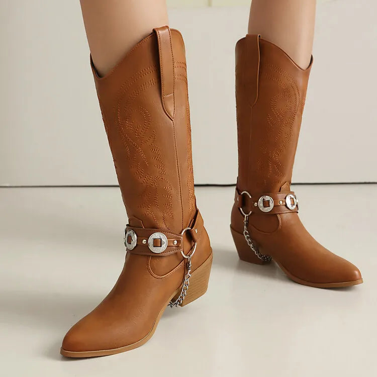 Women's Tapered Circular Metal Chain Chelsea Bohemian Pointed Leather Knee High Boots