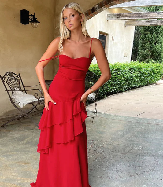 Women's Red Ruffled Slip Maxi Dress - Backless Summer Vacation Dress