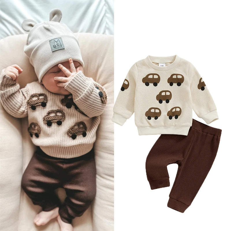 0-3Y Baby Boys Track Clothes Sets Cartoon Car Print Waffle Long Sleeve Sweatshirt and Elastic Pants