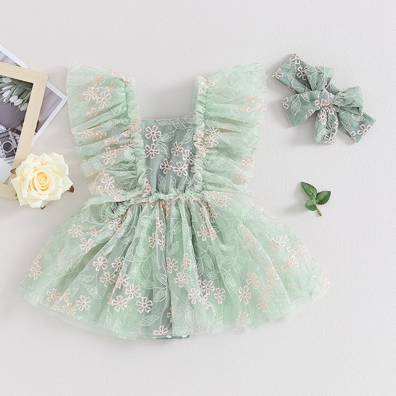 0-24M Toddler Baby Girl's Romper Dress Ruffles Flying Sleeve Floral Embroidery Tulle Jumpsuits Headband