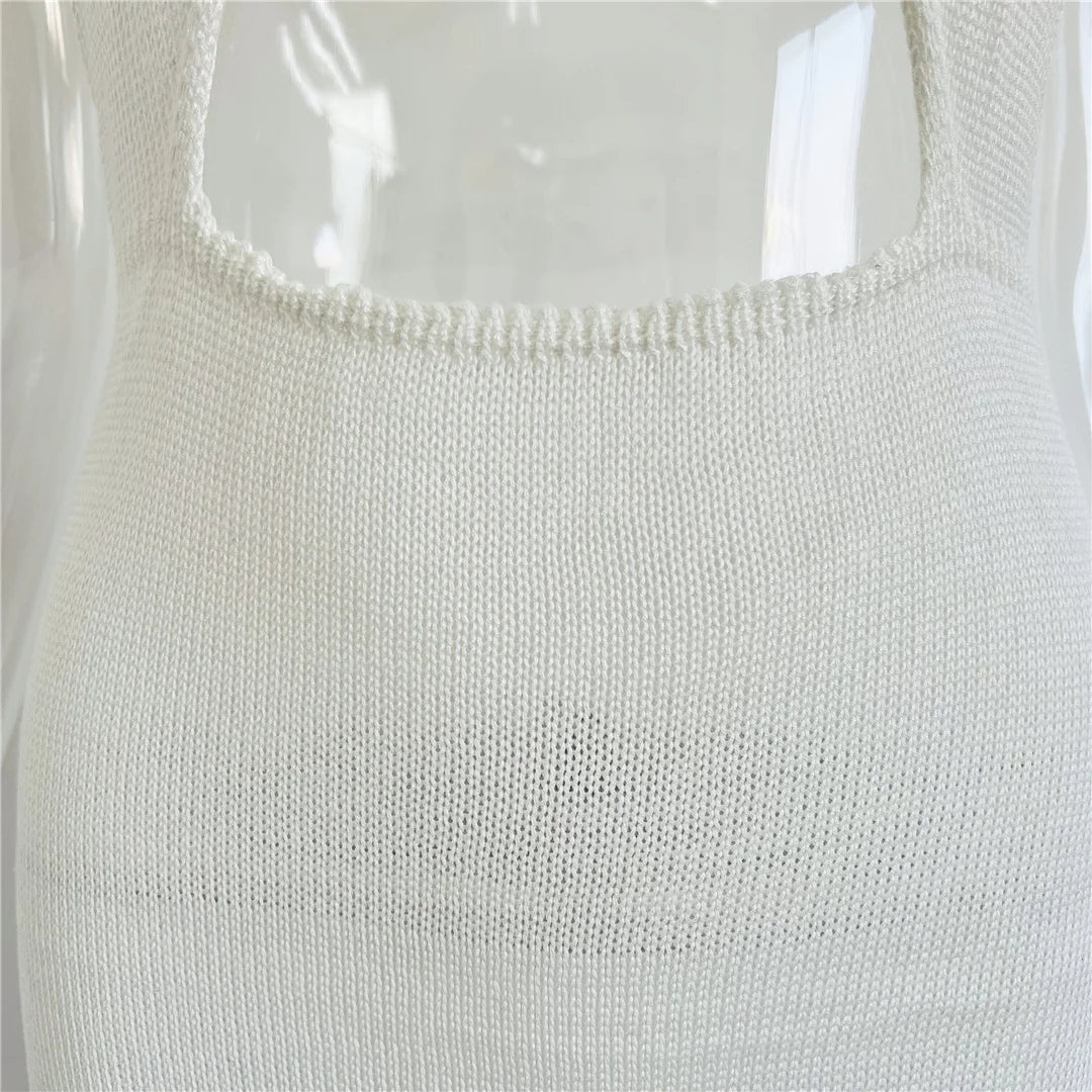 Knit Halter V Neck Slit Beach Maxi Dress Cover Up