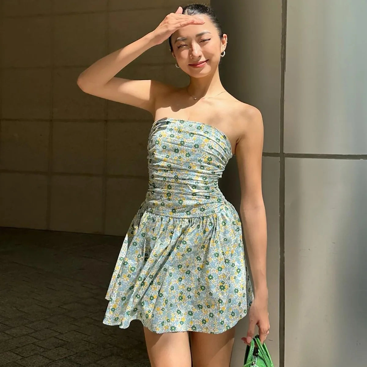 Women's One-Shoulder Slim Strapless Print Dress - High Waisted Sleeveless Backless Ruched Dress