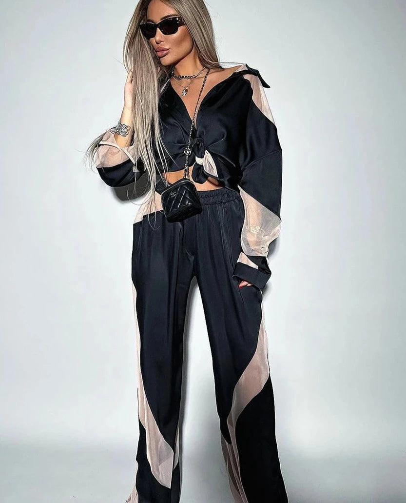 Women's  Loose Spliced High Waist Trousers and  Long Sleeve Shirts 2 Piece Set Outfit