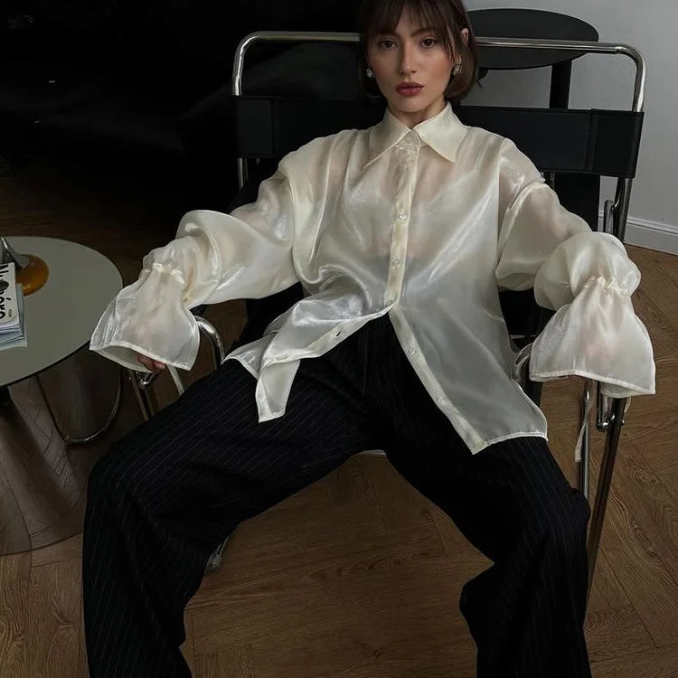 Women's Loose Button Long Sleeve Top Thin See Through Shirt