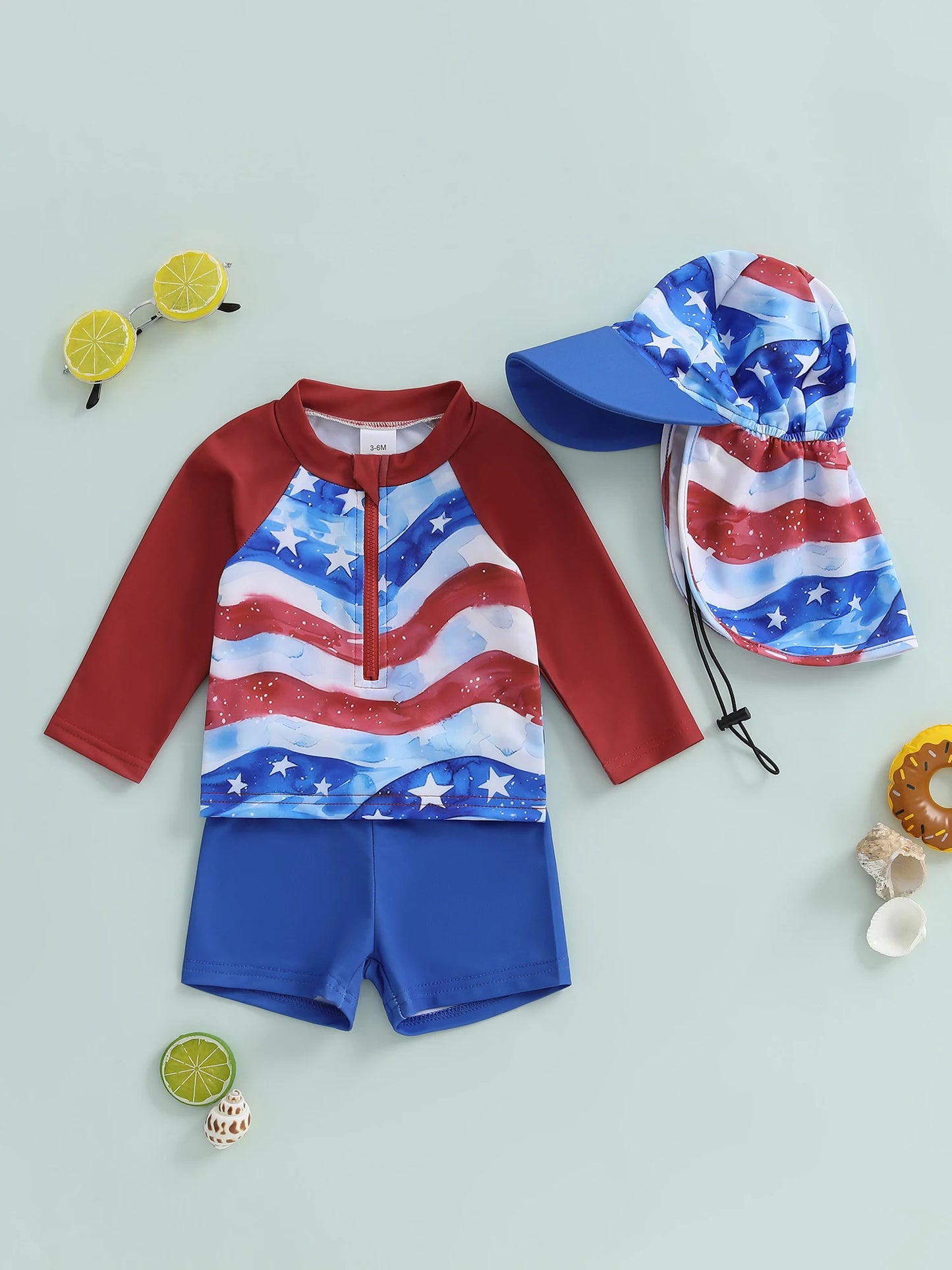 0-5Y American Flag Kids Boys 4th Swimwear Clothes Sets Long Sleeve Stars Print T-shirt with Shorts and Hat