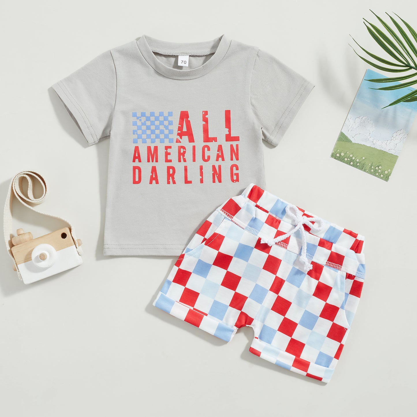 0-3Y American  Baby Girls Boys Clothes Sets Letter Print Short Sleeve T-Shirts and Checkerboard Shorts 2Pcs