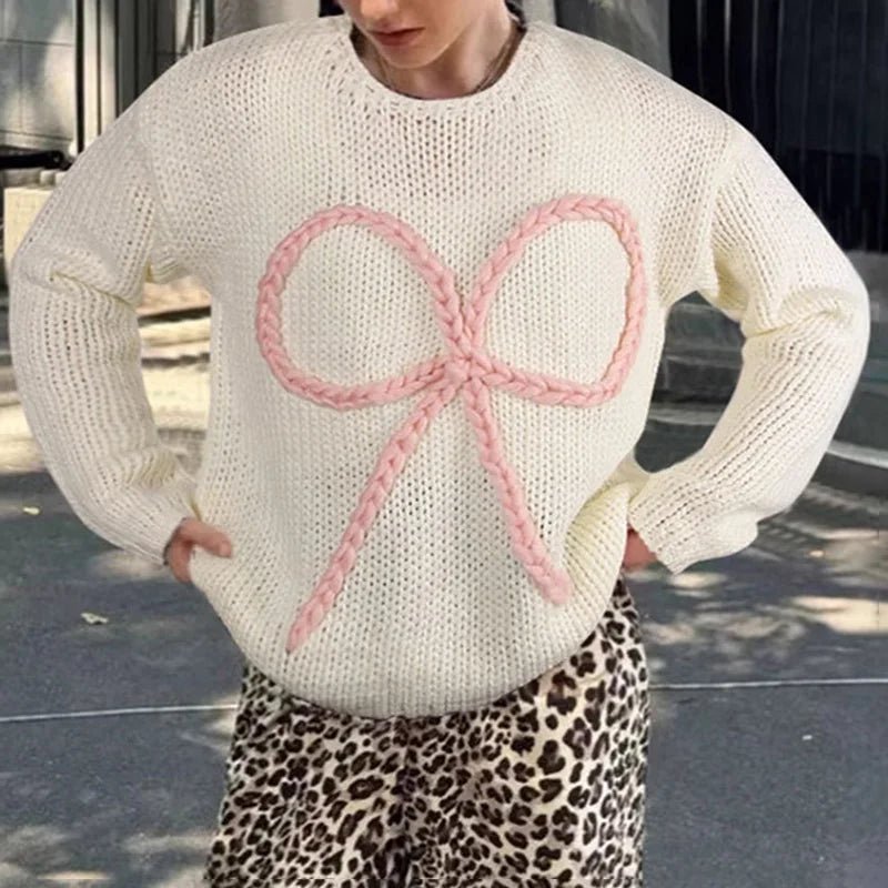 Women's Bows Long Sleeve Knitted Casual Loose Round Neck Crochet Pullovers Splice Sweater Top