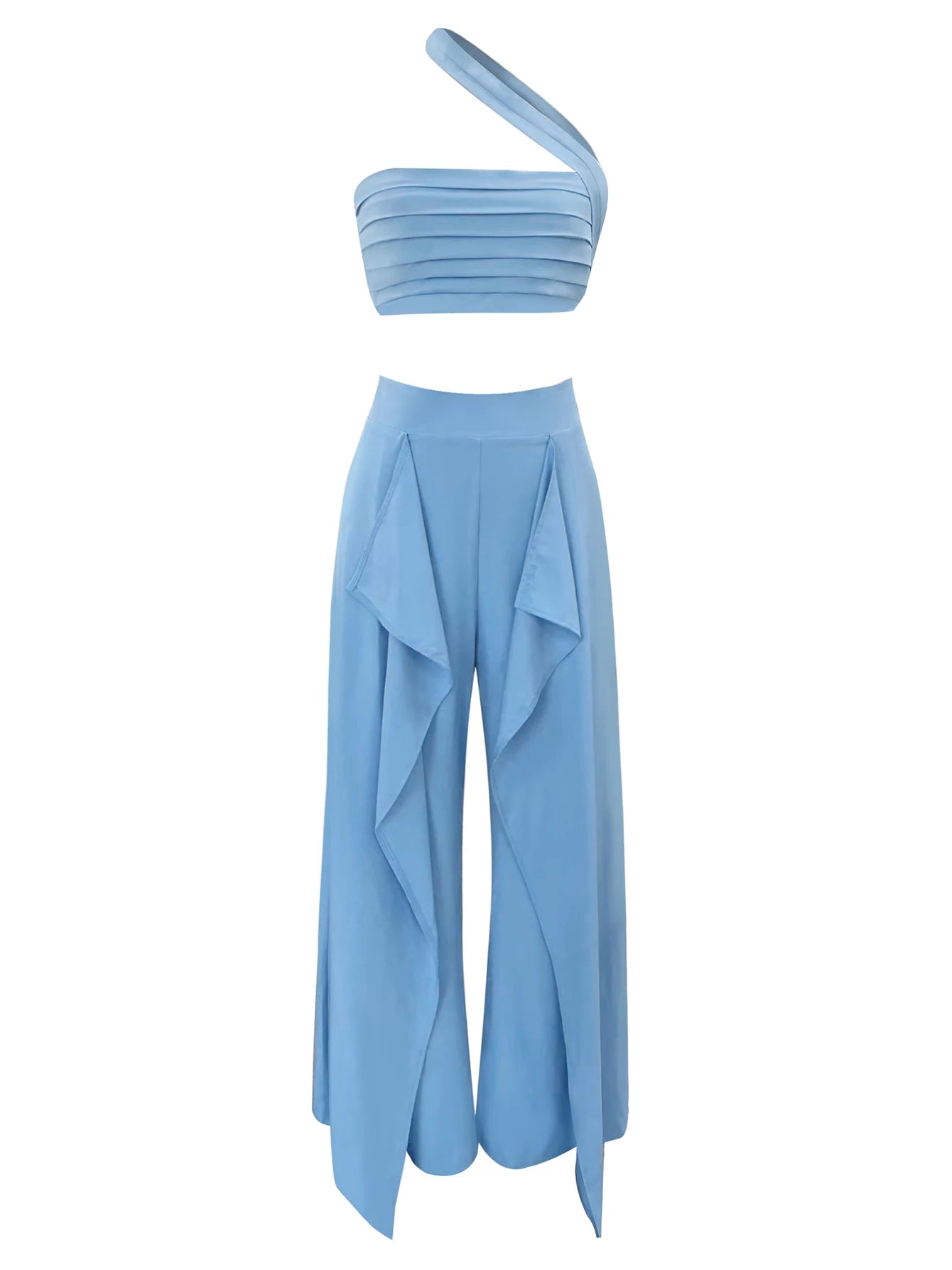 Women's Two Piece Sleeveless Short Top Wide Leg Trousers Set