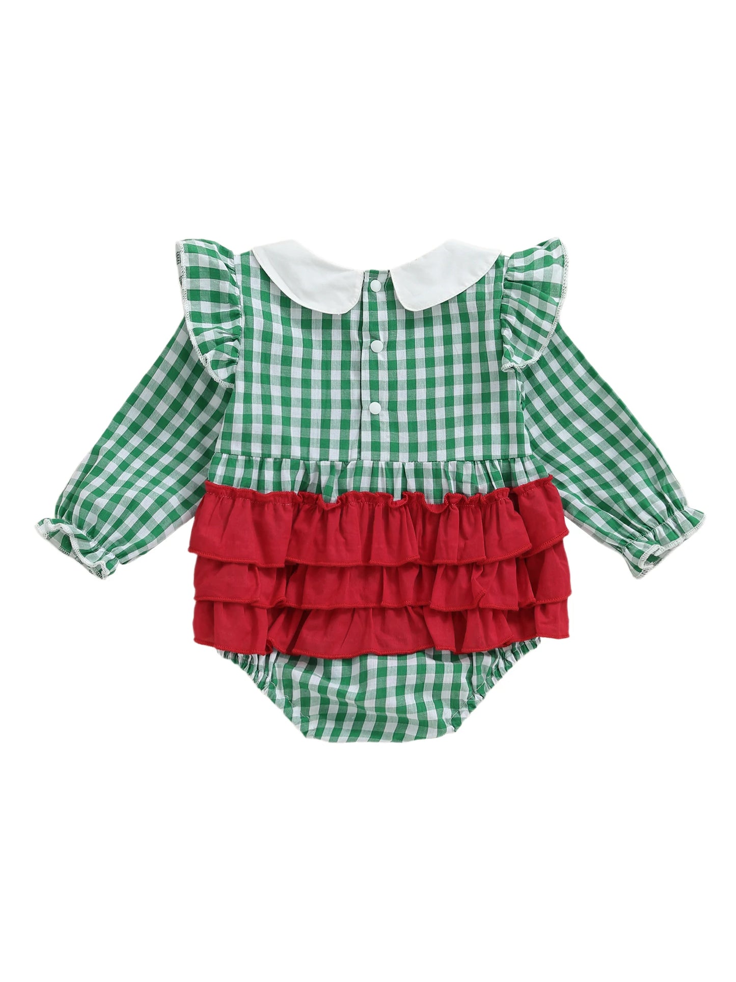 Baby Girls Christmas Romper - Plaid Santa Embroidery Long Sleeve Jumpsuit